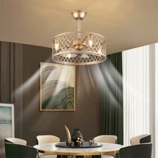 20" Modern Ceiling Fan With Light Metal Cage Chandelier Lamp W/ Remote Control