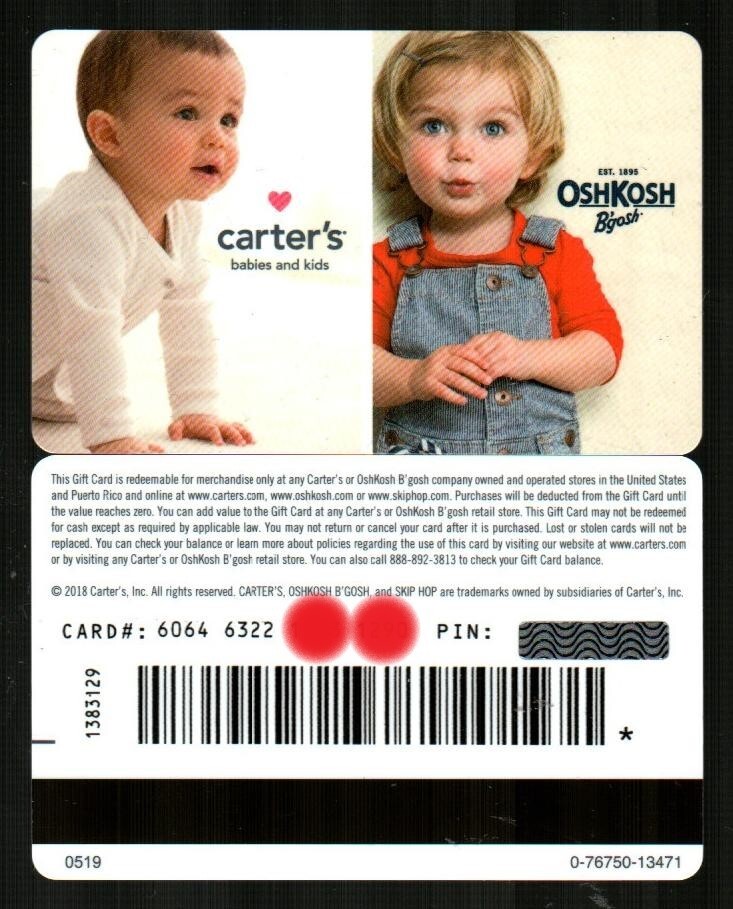 Carters Oshkosh Baby Carters Coupons CARTER'S OSHKOSH B'GOSH Baby, Toddler  2019 Gift Card $0