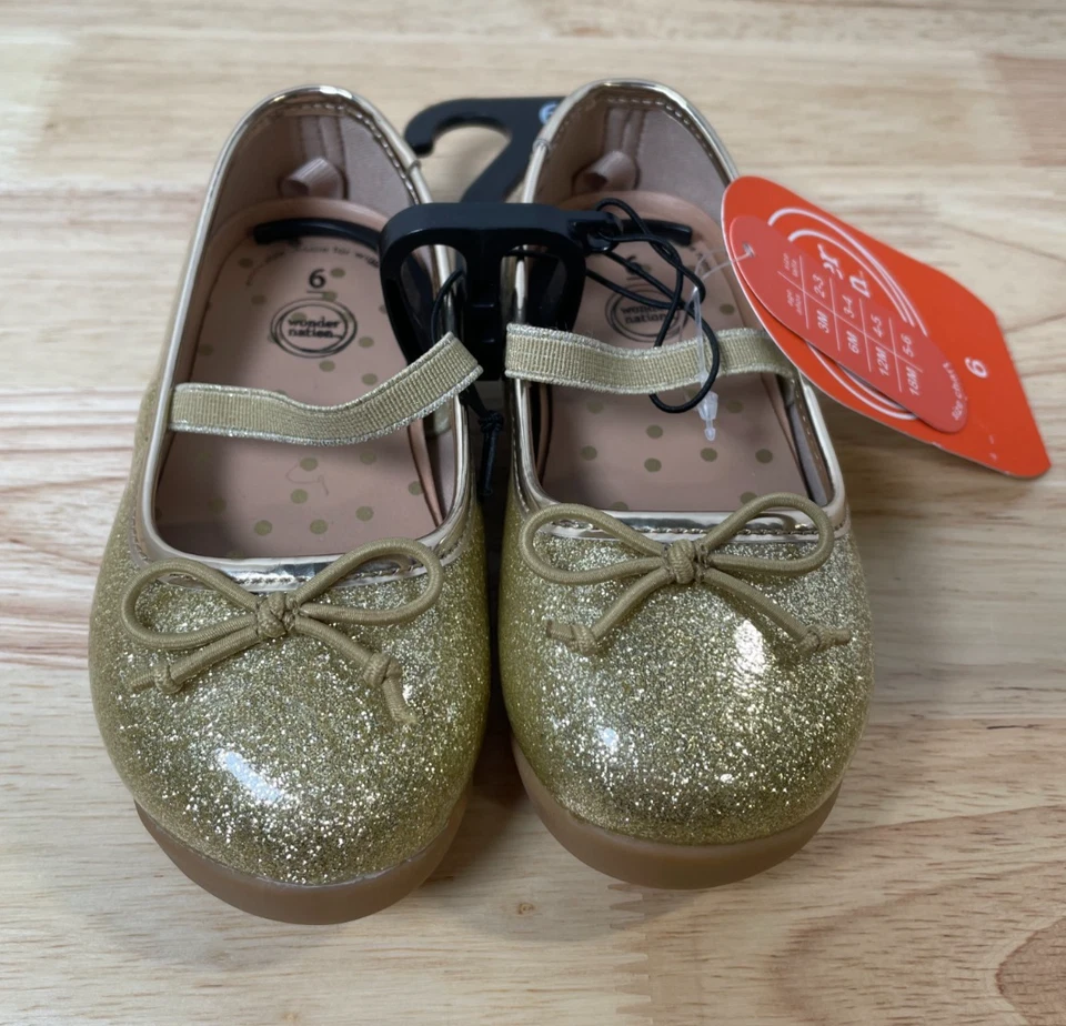 NWT Wonder Nation Toddler Girls Bow Flats Lot of 2 White Gold Glitter Sz 6 - Image 2 of 4
