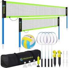 Volleyball Badminton Combo Set for Backyard, Beach w/ 2 Nets, 4 Rackets