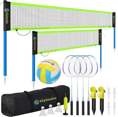 Volleyball & Badminton Combo Set for Backyard, Beach w/ 2 Nets, 4 Rackets