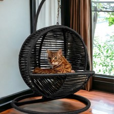 Hanging Cat Bed Swing Chair   Wicker Pet Hammock with Cushion, Indoor/Outdoor
