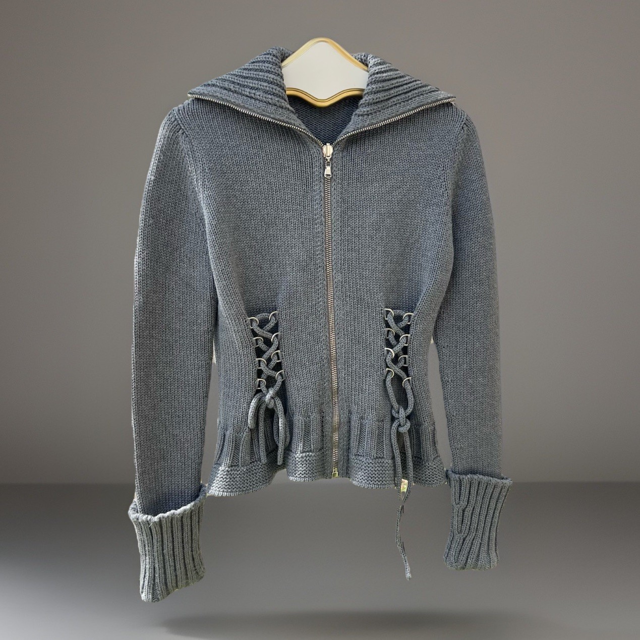 Alexander McQueen Size Medium Gray Corset Zip Up Cardigan Sweater Peplum Lace Up image 4