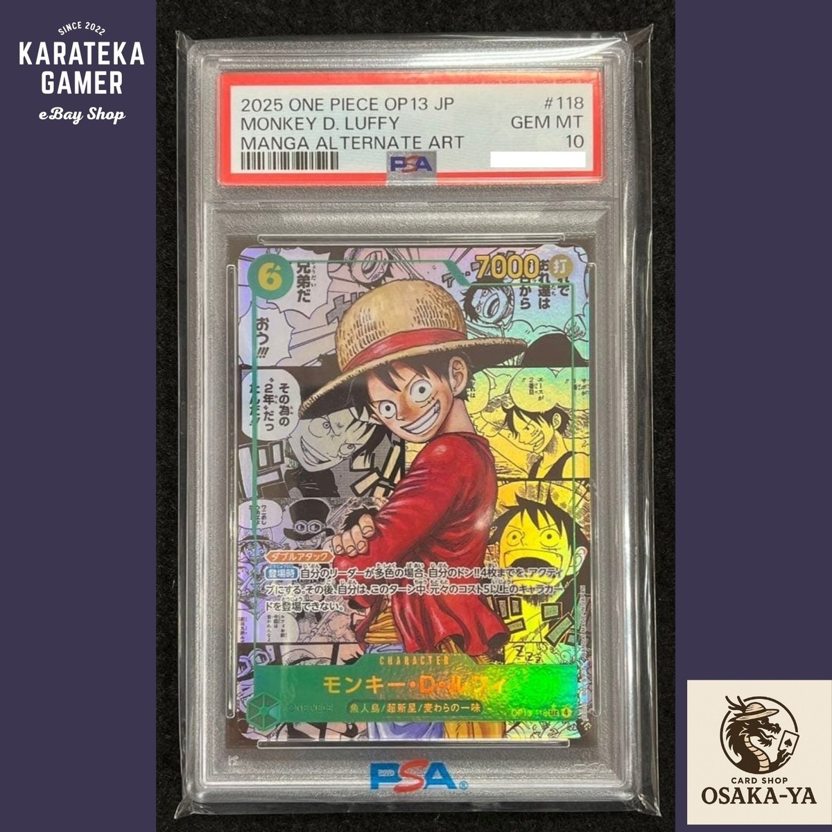 PSA 10 Luffy OP13-118 Manga Alt Art Carrying on His Will One Piece