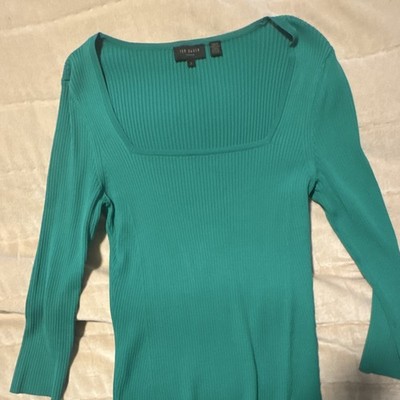 Ted Baker Women's Maternity M Green Ribbed Knit Square Neck Long Sleeve Top