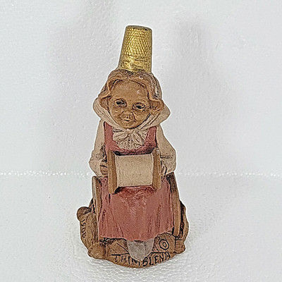 Vintage signed Tom Clark Aries 1988  Sewing Gnome Thimblena #5048 w story tag
