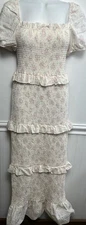 Mable Dress M All Smocked Tiered Ruffle Floral S/S Croquette Dainty Cottagecore