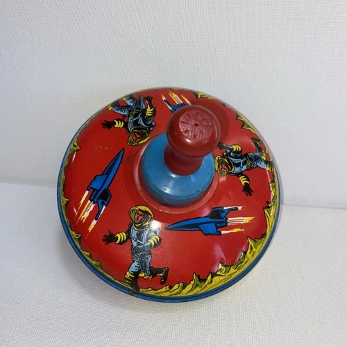 Vintage Ohio Art Toy Tin Top Astronauts Space Ship Litho Spin Toy