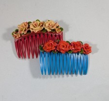 Vtg Carved Celluloid Flowers Hair Combs - Red and Blue