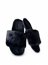 Vionic black faux fur slipper slides Size 8 Comfort Arch support Cozy Open toe