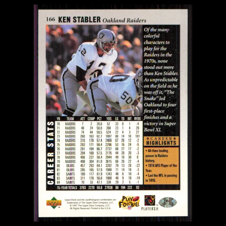 Ken Stabler #166 1997 Upper Deck Legends Oakland Raiders Football Card NFL NM - Image 2 of 3