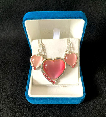 Pink Heart Shaped Pendant with Silver Tone Necklace and Matching Earrings Set