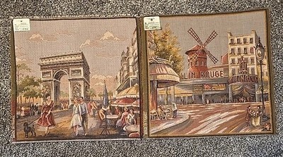 2 Vintage French Woven Tapestry Panels Moulin Rouge / Paris Scene 10'' NWT