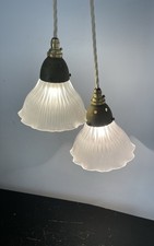Pair Of Holophane (F25) Glass Pendants Ceiling Lights