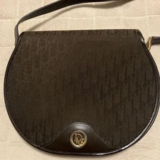 Christian Dior Round Trotter Canvas Shoulder Bag Dark Brown Gold Auth Vintage JP