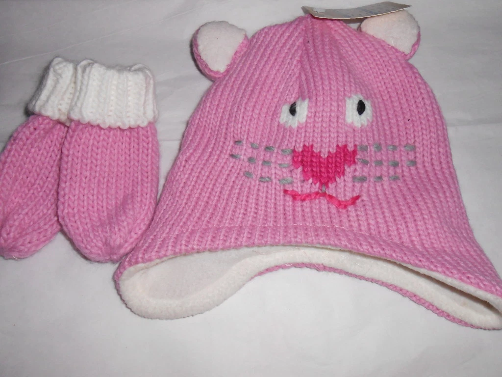 Arizona Toddler Girls Knit Critter Cat Face Hat + Mittens Begonia Size 2-4T NWT