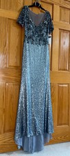 BASIX BLACK LABEL 8 Sequin Silver Short Sleeve Sheer Yoke Column Gown AUTHENTIC