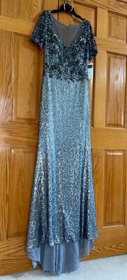 BASIX BLACK LABEL 8 Sequin Silver Short Sleeve Sheer Yoke Column Gown AUTHENTIC