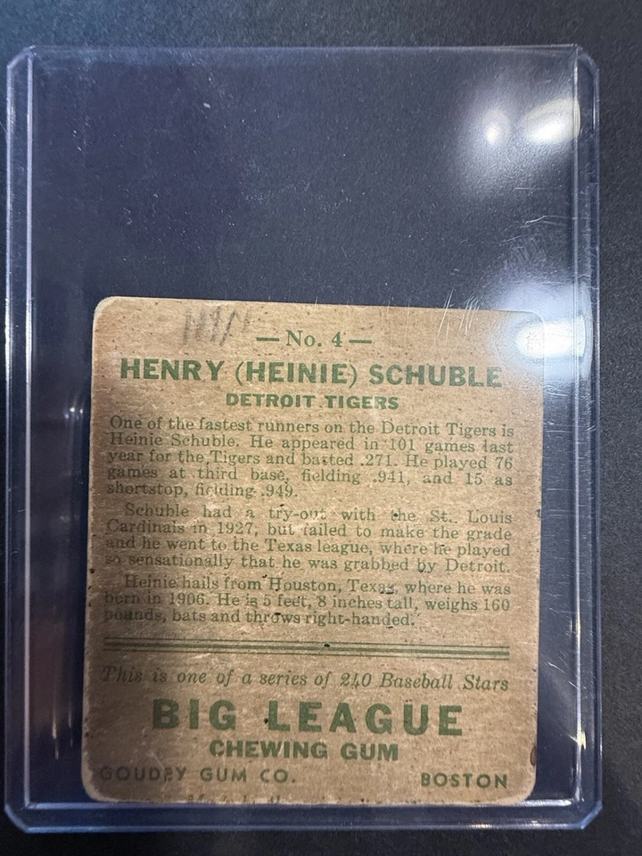 1933 Goudey Baseball #4 Heine Schuble PR (Filler) - Image 2 of 2