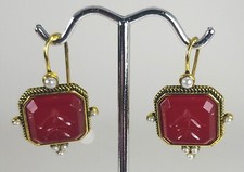 Vintage Art Deco Style Square Red Beveled Intaglio Earrings Seed Pearl Accents