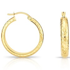 14K Real Solid Yellow Gold Full Diamond-Cut Chunky Hoops Earrings Large Sizes