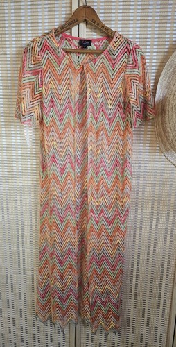 Duster Style Open-Knit Cardigan in Bright Orange Pink Green Zig-Zag Pattern - Picture 2 of 16
