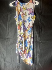 Colorful Butterfly Print Dress sleeveless backless side ties scrunchy butt med