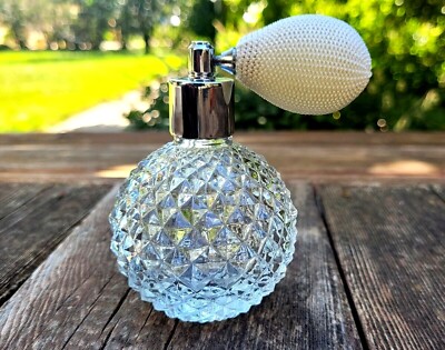 Vintage Style Clear Textured Glass White Perfume Atomizer