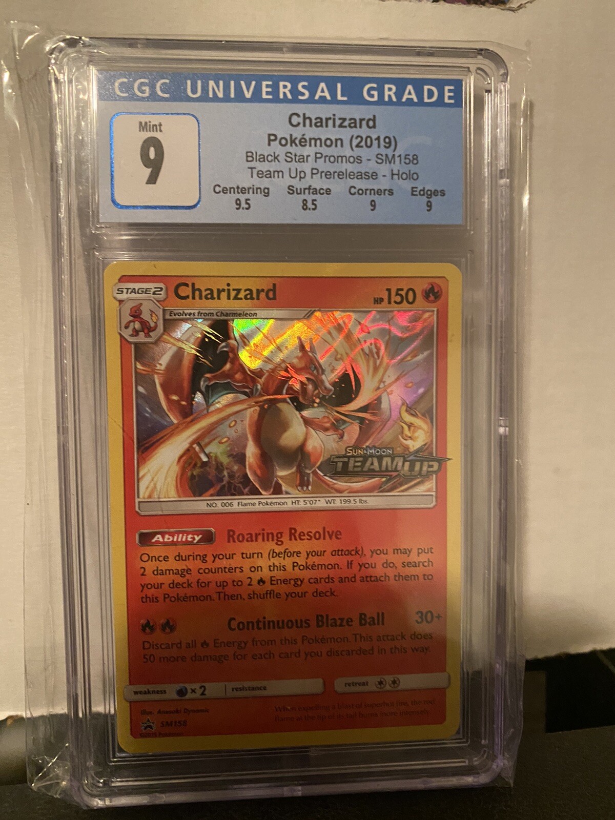 Pokemon Charizard Black Star Promo SM158 CGC 9 Team Up Pre-Release Holo SUBgrade