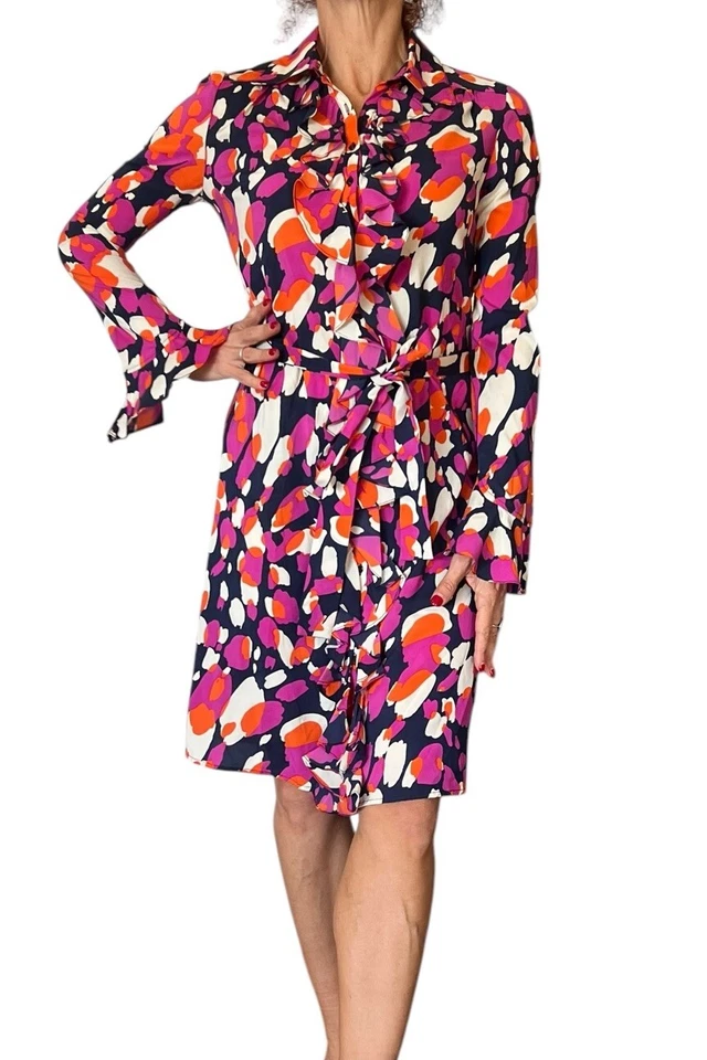 Y2K DIANE VON FURSTENBERG DVF RUFFLE SHIRT DRESS BELTED LONG BELL SLEEVE SILK 4 - Image 2 of 4