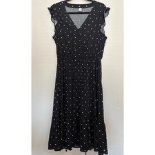 Old Navy Midi Dress Womens Size Large Black White Polka Dots Rayon Ruffles