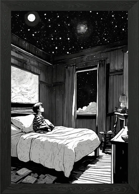 Boy Gazing at Starry Night Sky Framed Wall Art Poster Canvas Print Picture