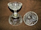 Tall Footed Clear Glass Etched Flower Medallion Candy Dish with Dome Spire Lid — photo 8