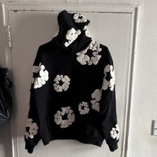 DENIM TEARS Black Cotton Hoodie White Floral Embroidered Hooded Pullover Size M