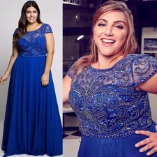 Blue Beaded Plus Size Evening Dresses A Line Prom Gowns Floor Length Chiffon