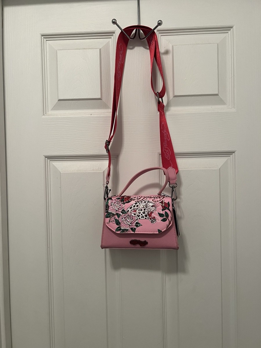 Ed Hardy Crossbody Small Pink Flowers Rose Leopard Rhinestone