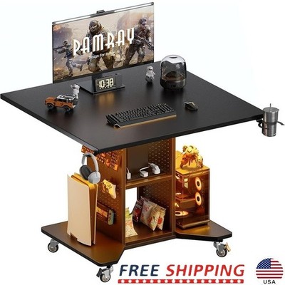 Compact Movable Gaming Desk W/ LED Lights Power Outlet Storage Cup Holder New