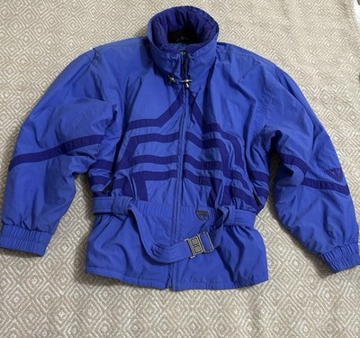 Vintage Tyrolia Skiwear Womens 14 Retro Ski Jacket Blue Purple Belted 80s 90s