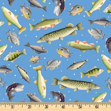 Sail Away Gone Fishing Light Blue  14444-50  Cotton Fabric By half yard