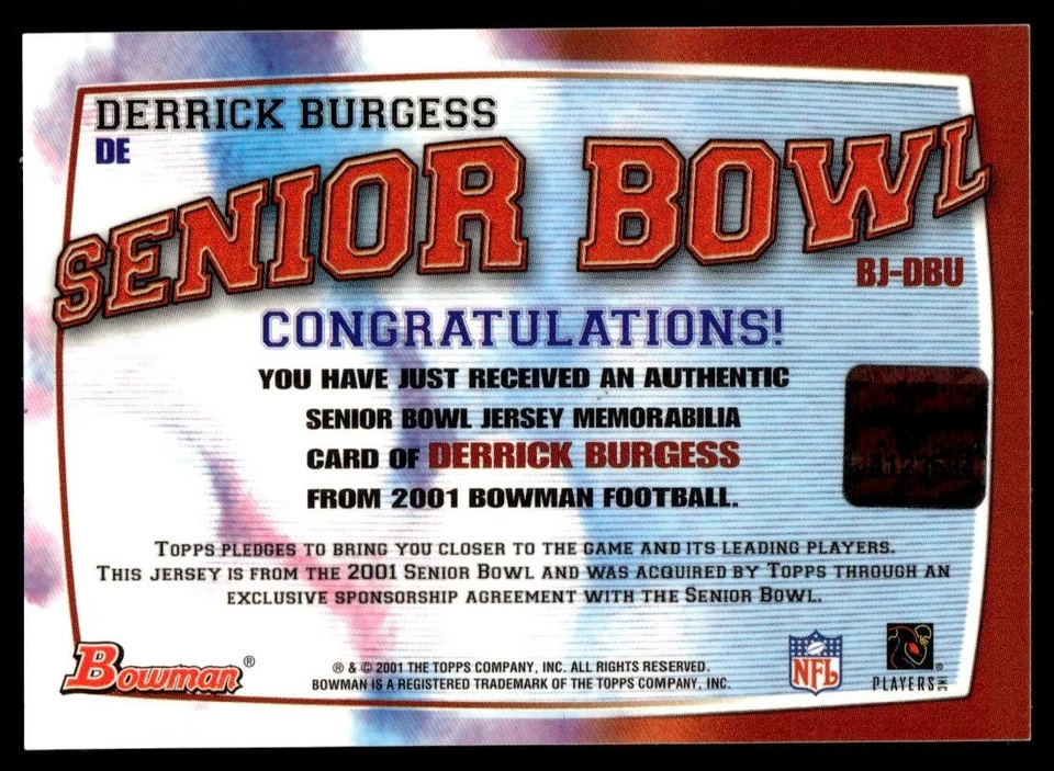 2001 Bowman Rookie Jerseys Derrick Burgess Ole Miss Rebels #BJ-DBU - Image 2 of 2