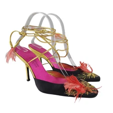 CHRISTIAN LACROIX Heels 37.5 Black Satin Gold Feathers Ankle Wrap Stiletto Mules