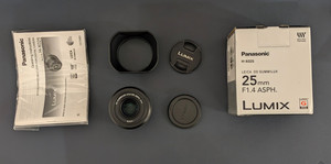 Panasonic Leica DG Summilux 25mm f/1.4 ASPH H-X025 MFT Lens Boxed Hood Caps