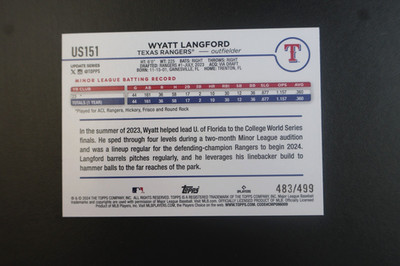 Wyatt Langford 2024 Topps Update Series #US151 Green Crackle Foilboard /499 RC