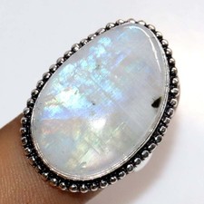 925 Silver Plated Rainbow Moonstone Ring US 8 Independence Day Gifts Trendy GW