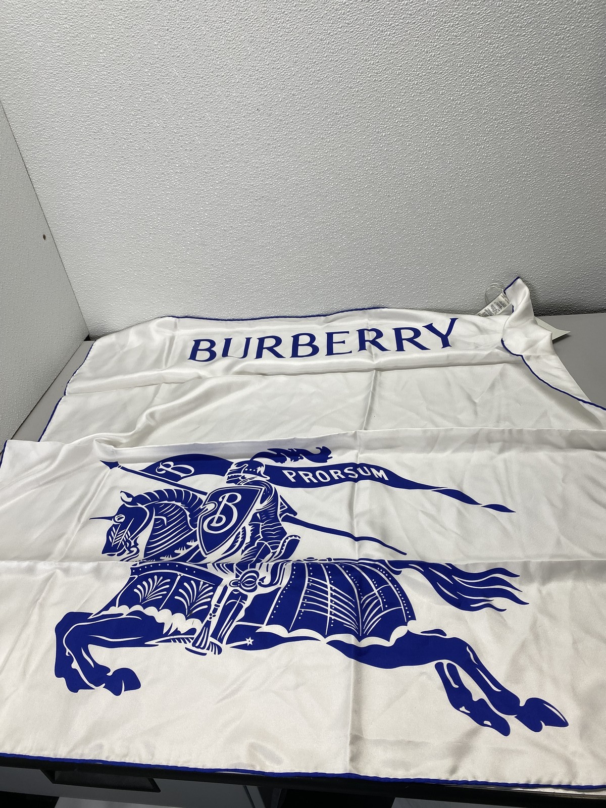 Burberry Womens EKD Knight Print Silk Scarf in White and Blue