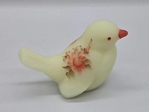 Fenton Hand-Painted Bird Figurine with Roses Made Of Uranium Glass UV Glow