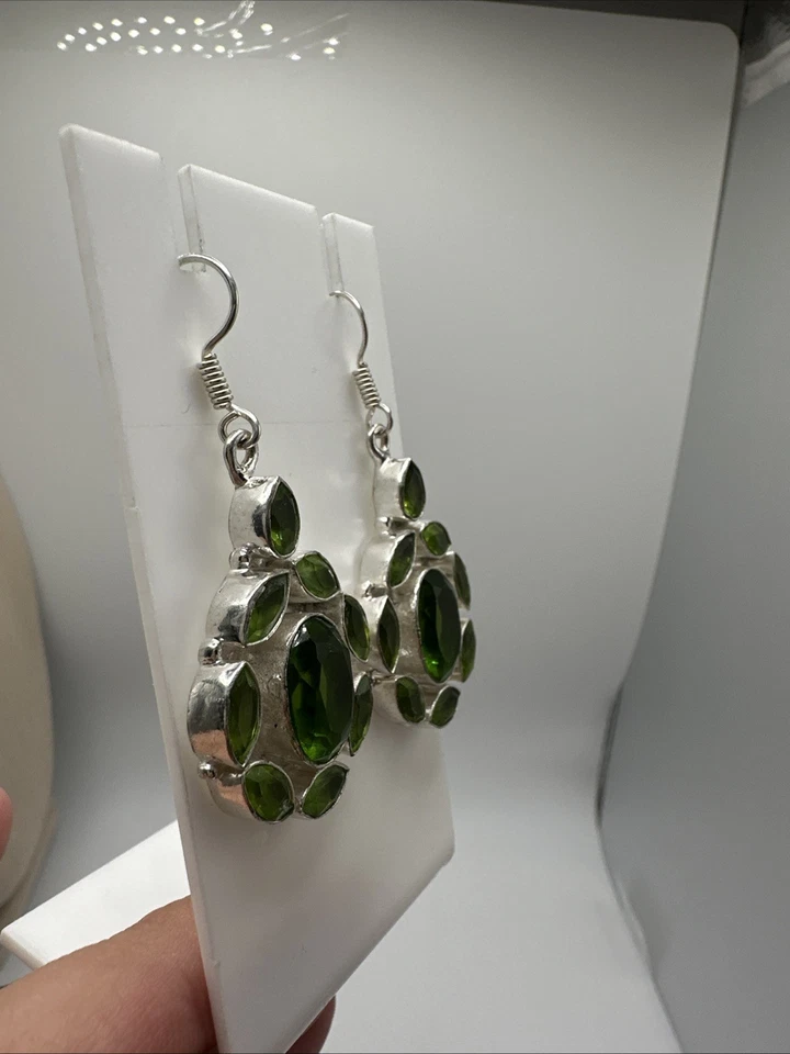 Sterling Silver Green Peridot Simulant Dangle Earrings - Image 3 of 4