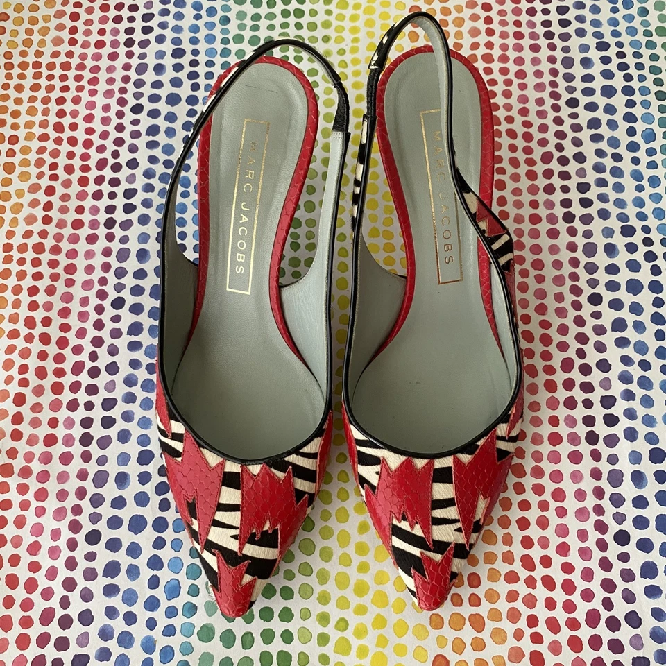 MARC JACOBS zebra pony hair snake embossed leather sling kitten heels EU 38 - Image 2 of 4