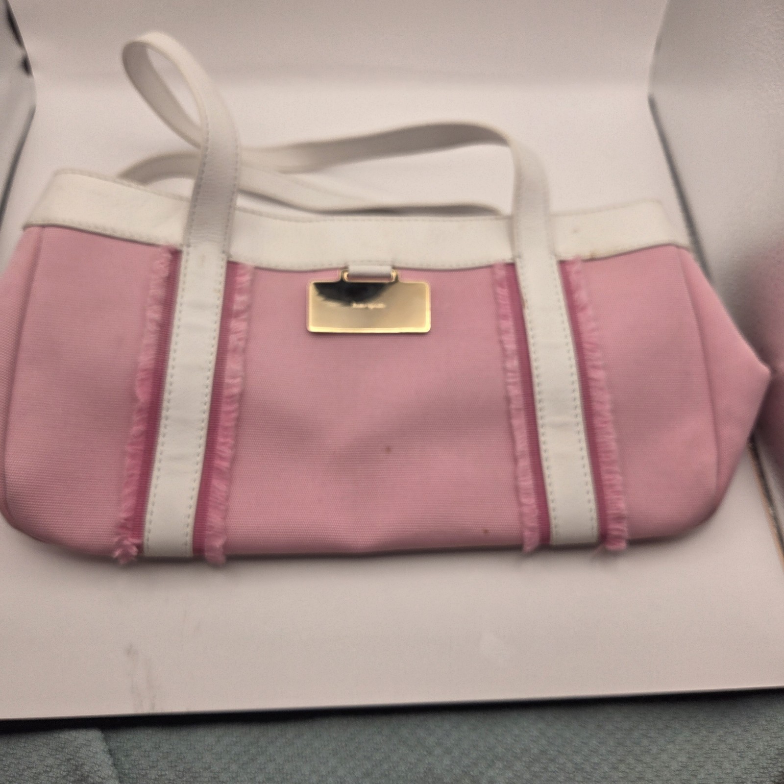 Vintage Kate Spade Pink Canvas Tote Bag with White Leather Trim & Fringe Accents