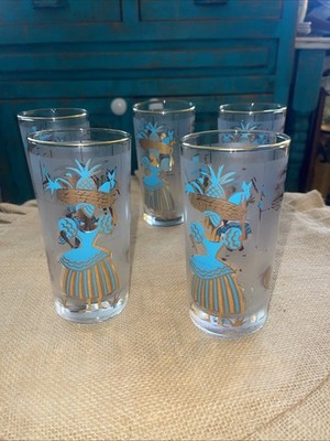 6 VTG 1959 Libbey Calypso Frosted Drinking Glasses Caribbean Cruise Aqua Gold